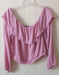 AMBIANCE 1X Dusty Pink Boho Fasan Crop Top Glockenärmel Bommel Akzente - Bild 1 von 7