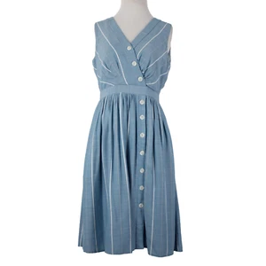 Gal Meets Glam Sz 0 Blue White Gray Striped Buttons 100% Viscose Polyester Dress - Picture 1 of 13