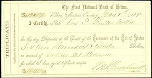MT $1620 HELENA Montana The First National Bank May 1st 1874 signed Kleinschmidt - Picture 1 of 2