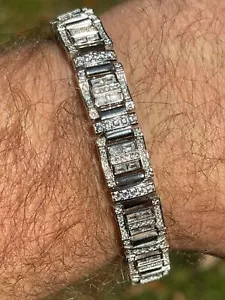 Men’s Custom Link Real 925 Sterling Silver Bracelet Iced Baguette Bust Down CZ - Picture 1 of 12