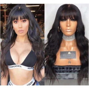 24" Full Machine Human Hair Wig with Bangs Long Wavy None Lace Wig Natural Black - Picture 1 of 10