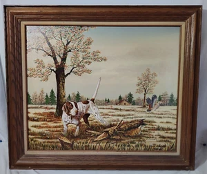 C. Carson 24x20 Dog Bird Hunting Autumn Forest Nature Signed Framed Art Painting - Picture 1 of 8