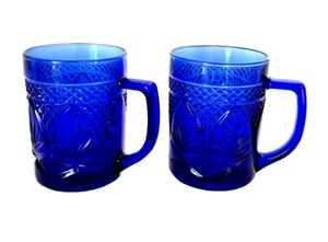 *PAIR Vintage Cobalt Blue Glass Coffee Tea Cup Mug Embossed Made In France 8oz - Picture 1 of 8