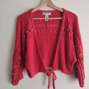 Cardigan vintage Y2K rosso cravatta davanti XL con perline in legno boho maglione all'uncinetto - Foto 1 di 10