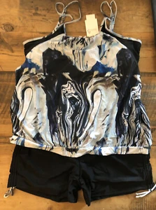 Kim Curvy Tankini 26W Blue & Black Swimsuit adjustable padded cups & Shorts NWT - Picture 1 of 7