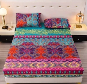 3-Piece Boho-Chic Bedding Set - QUEEN Soft Floral Fitted Sheet and Pillowcases - Picture 1 of 2