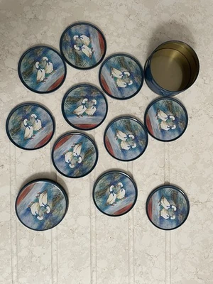 Vintage geece bird Jemima Puddleduck drinks mats coaters 10  in tin from 1980's - Image 1 of 4