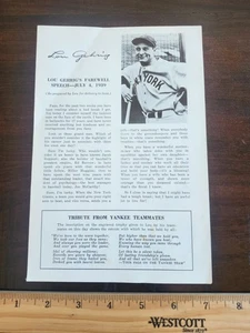 Vintage 1939 Lou Gehrig New York Yankee Farewell Speech Brochure - Picture 1 of 3