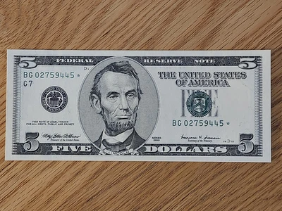 1999 $5 UNC/GEM "STAR NOTE" CHICAGO DISTRICT BG02759445* 2 OF 3 CONS SER NUM - Image 1 of 4