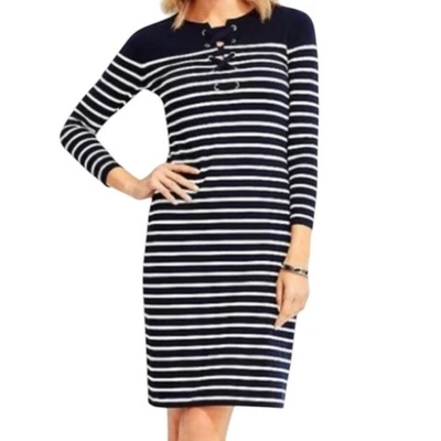 Talbots Sz M White Striped Lace Up Navy Blue 3/4 Sleeve Cotton Dress NWT - Image 1 of 4