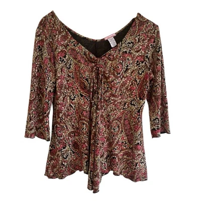 Vol.1 Womens Dark Floral Babydoll Top Size 1X Pink Brown Paisley Floral Fairy - Image 1 of 4