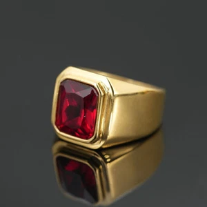 Vergoldeter Vintage roter CZ Siegelring Edelstahl Königsritter Ehering - Bild 1 von 3