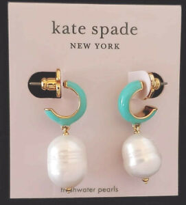 KATE SPADE Freshwater Pearl Huggies Drop Earrings Turquoise Gold-Tone NEW