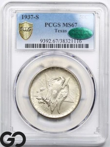 1937-S Texas Commemorative Half Dollar, PCGS MS-67 CAC Certified, RARE This Nice - Picture 1 of 5