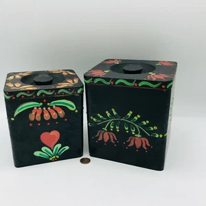 Cajas con tapa vintage pintadas a mano firmadas primitivas folclóricas apilables Tole - Imagen 1 de 12
