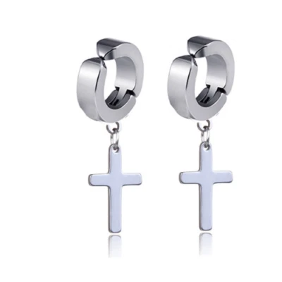 Coppia Orecchini Unisex a Clip Con Croce Pendente Colore Argento ET136 - Immagine 1 di 2