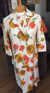 Vintage 60s Floral Cotton Dress Jacket Set Blazer Poppy Mums Funky Style - Picture 1 of 1