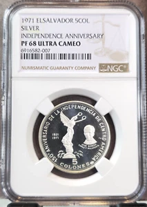 1971 EL SALVADOR SILVER 5 COLONES INDEPENDENCE ANNIVERSARY NGC PF 68 ULTRA CAMEO - Picture 1 of 3