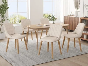Esszimmerstühle 6er Set Polsterstuhl Holzbeine Polyester Küchenstühle Beige - Bild 1 von 11
