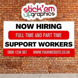 NOW HIRING Support Workers Job Advert PVC Outdoor Banner Sign Red V2 Carer - Picture 1 of 18