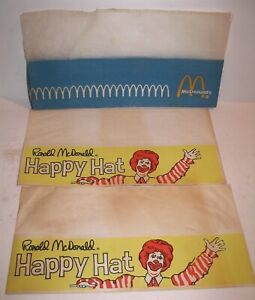 3 1960s McDonalds Employee Hats 1 Blue & 2 Ronald McDonald Happy Hat