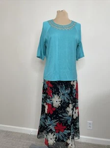 Requirements Womens Skirt Sweater Set Teal Black Floral Handkerchief Hem Suit 14 - Picture 1 of 9