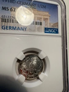 1918 D GERMAN 1/2 MARK SILVER COIN - Picture 1 of 4
