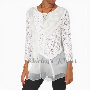 ALI MILES White Intricate Mixed Lace Overlay Blouse RollTab Sleeve Semi Sheer 1X - Picture 1 of 14