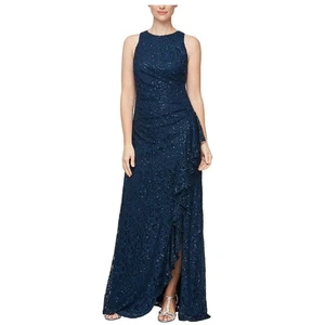 Alex Evenings Sleeveless Lace Dress Cascade Ruffle Slit Dress Womens 12 Navy New - Picture 1 of 11