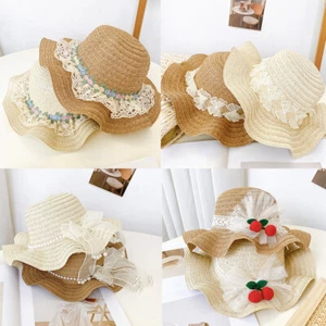 Toddler Girls Summer Lace Straw Sun Hat Kids Wide Brim Garden Beach Holiday Hats - Picture 1 of 22