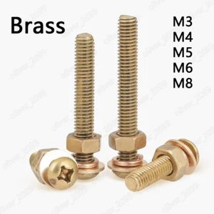 Brass Phillips Pan Head Screws With Hex Nuts Flat Washers Spring Washers M3-M8 - Picture 1 of 5