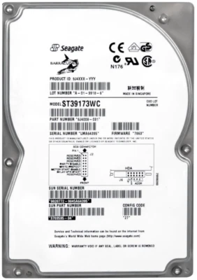 Hard Drive SUN 3703595-04 ST39173WC 9.1GB 7200RPM SCSI 80-PIN 512KB 3.5" Inch - Image 1 of 3