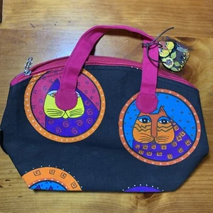 Laurel Burch Bag 13 In Zipper 1 Wood Cat Tag Black Canvas Sun And Sand Rare VTG - Picture 1 of 18