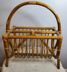 Vintage Mid Century Modern Rattan Bent Wood Magazine Rack Bamboo Book holder - Picture 1 of 6