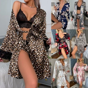 Women Satin Silk Lingerie Robe Lace Kimono Dressing Gown Sleepwear Bathrobe 3PCS - Picture 1 of 48