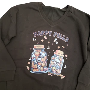 Halloween Totenkopf Happy Pills V-Ausschnitt Pullover olivgrün Gr. M gruselig Herbst - Bild 1 von 7