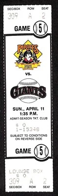 1993 Giants @ Pirates Full Ticket 4/11/93 Three Rivers Stadium 88372 - Image 1 of 2