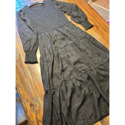 Fashion Black Burnout Tiered Maxi Dress Long Sleeve Smocked Women's Medium - Image 1 of 4