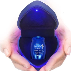 Small Urn, Mini Keepsake Urn for Human Ashes with Heart Necklace & Blue Light Fl - Picture 1 of 7
