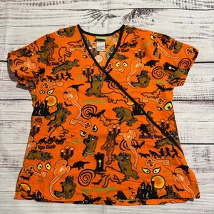 Scooby Doo Halloween Scrub Top Orange Ghosts Cartoon Women's Size Small - Picture 1 of 10