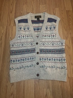 Eddie Bauer VTG Wool Button Front Sweater Vest Heart Fair Isle 1990 Sz. Large - Image 1 of 2