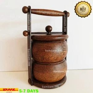 Vintage Bento Lunch Box Food Thai Wooden Tiffin Carrier Food Container 2 Layer P - Picture 1 of 13