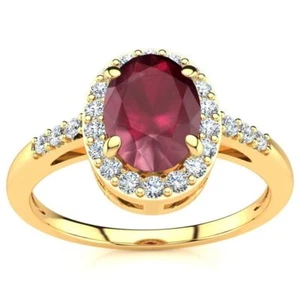 14K Yellow Gold 1 Carat Oval Shape Ruby and Halo Diamond Ring - Picture 1 of 7