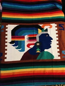 Vintage Hand Woven Mexican Aztec Indian King Wool Hanging Blanket Rug 82” x 47” - Picture 1 of 5