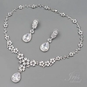 Women Bridal Wedding CZ Jewelry Set Zirconia Necklace Earrings Silver Flower 221 - Picture 1 of 8