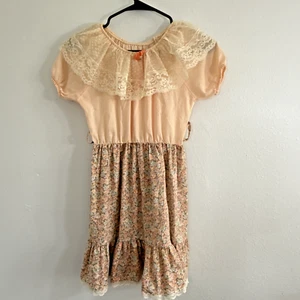 Dress Little Girls 8 Peachy Floral Lace Tiered Cottagecore Prairie - Picture 1 of 9