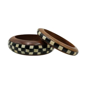 Chunky Wood Bangle Set African Jewelry Bracelet Boho Gypsy Checkered Bangles - Picture 1 of 8