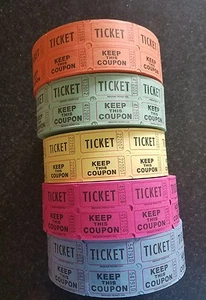 20 ROLLS (1CASE) DOUBLE STUB RAFFLE TICKETS IN 5 ASSORTED COLORS - Picture 1 of 1