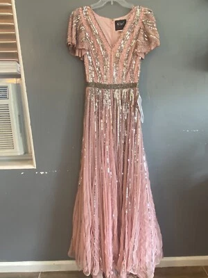 Mac Duggal полоски блестками v-образным вырезом платье для официальных приемов размер 4 розовый. Новый с Ярлыками - Изображение 1 из 4