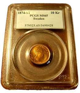 Sweden 1874 Gold 10 Kronor PCGS MS65